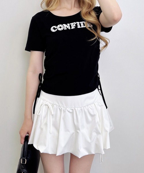 INGNI（イング）の「サイドギャザーリボンドット貼付ロゴTシャツ（Tシャツ/カットソー・レディース・オフホワイト/ブラック/ライトピンク・M）」の11枚目の写真