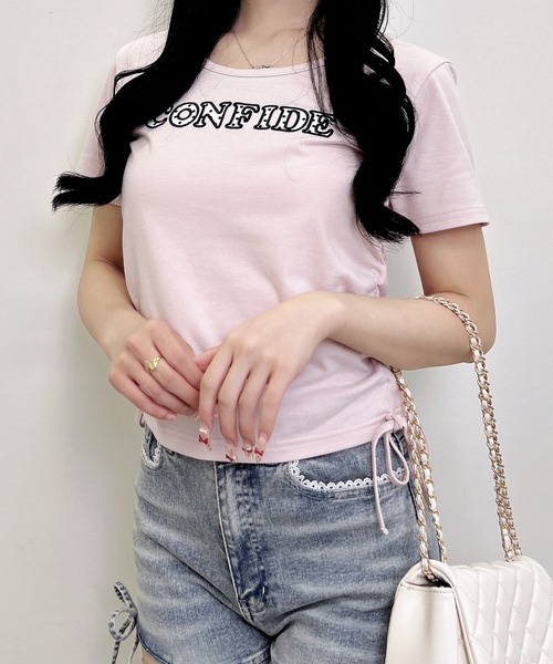 INGNI（イング）の「サイドギャザーリボンドット貼付ロゴTシャツ（Tシャツ/カットソー・レディース・オフホワイト/ブラック/ライトピンク・M）」の16枚目の写真