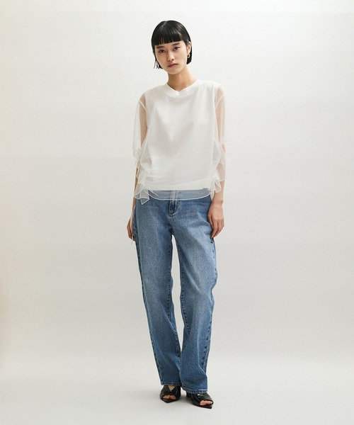 ADAM ET ROPE'(アダムエロペ)の「【WEB限定】・【サステナブル】・【定番】ギャザーチュールトップス(Tシャツ/カットソー・レディース・ダークブラウン/ホワイト/ブラック・FREE)」の20枚目の写真