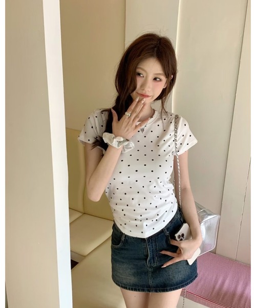 CHEER（チアー）の「ドット柄半袖Tシャツ　スリムシルエット スタイリッシュで着回し抜群トップス（Tシャツ/カットソー・レディース・グレー/ブラック/ホワイト・FREE）」の12枚目の写真