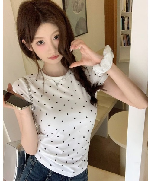 CHEER（チアー）の「ドット柄半袖Tシャツ　スリムシルエット スタイリッシュで着回し抜群トップス（Tシャツ/カットソー・レディース・グレー/ブラック/ホワイト・FREE）」の15枚目の写真