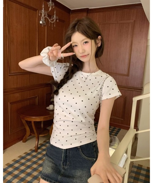 CHEER（チアー）の「ドット柄半袖Tシャツ　スリムシルエット スタイリッシュで着回し抜群トップス（Tシャツ/カットソー・レディース・グレー/ブラック/ホワイト・FREE）」の20枚目の写真