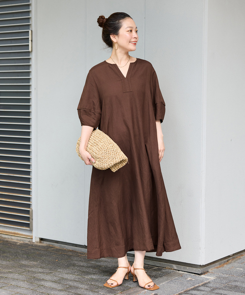 B.C STOCK(ベーセーストック)の「《追加4》手洗い可 / リネンレーヨンコクーンスリーブワンピース(ワンピース・レディース・ブラウン/ブラック/カーキ・FREE)」の2枚目の写真