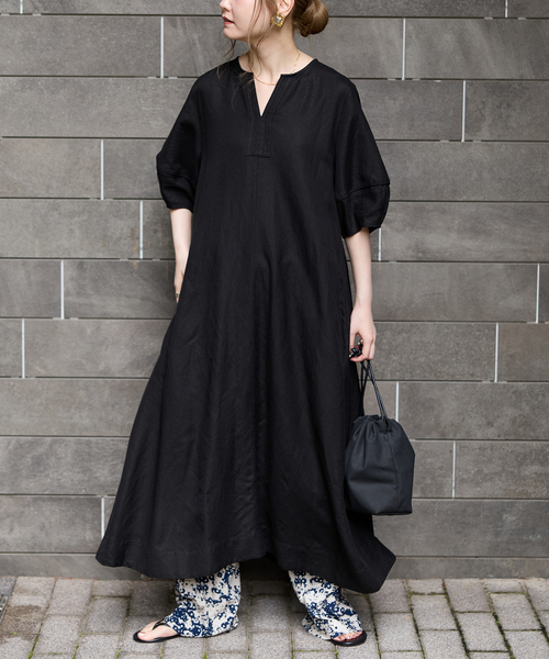 B.C STOCK(ベーセーストック)の「《追加4》手洗い可 / リネンレーヨンコクーンスリーブワンピース(ワンピース・レディース・ブラウン/ブラック/カーキ・FREE)」の1枚目の写真
