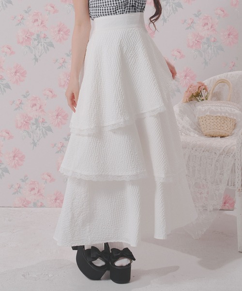 DearMyLoveRose（ディアマイラブローズ）の「ティアードシアーチェックロングスカート【大きいサイズあり】【セットアップ対応】（スカート・レディース・ブルー/ホワイト・LL～3L/L～LL/M-L）」の2枚目の写真