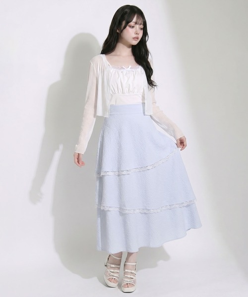 DearMyLoveRose（ディアマイラブローズ）の「ティアードシアーチェックロングスカート【大きいサイズあり】【セットアップ対応】（スカート・レディース・ブルー/ホワイト・LL～3L/L～LL/M-L）」の3枚目の写真