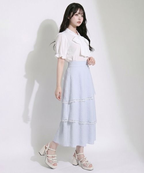 DearMyLoveRose（ディアマイラブローズ）の「ティアードシアーチェックロングスカート【大きいサイズあり】【セットアップ対応】（スカート・レディース・ブルー/ホワイト・LL～3L/L～LL/M-L）」の7枚目の写真