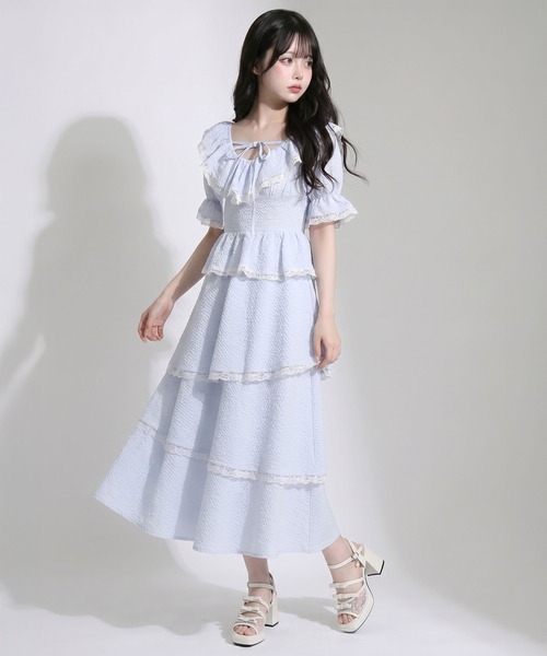 DearMyLoveRose（ディアマイラブローズ）の「ティアードシアーチェックロングスカート【大きいサイズあり】【セットアップ対応】（スカート・レディース・ブルー/ホワイト・LL～3L/L～LL/M-L）」の8枚目の写真
