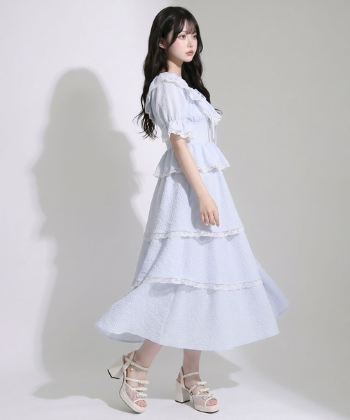 DearMyLoveRose（ディアマイラブローズ）の「ティアードシアーチェックロングスカート【大きいサイズあり】【セットアップ対応】（スカート・レディース・ブルー/ホワイト・LL～3L/L～LL/M-L）」の9枚目の写真