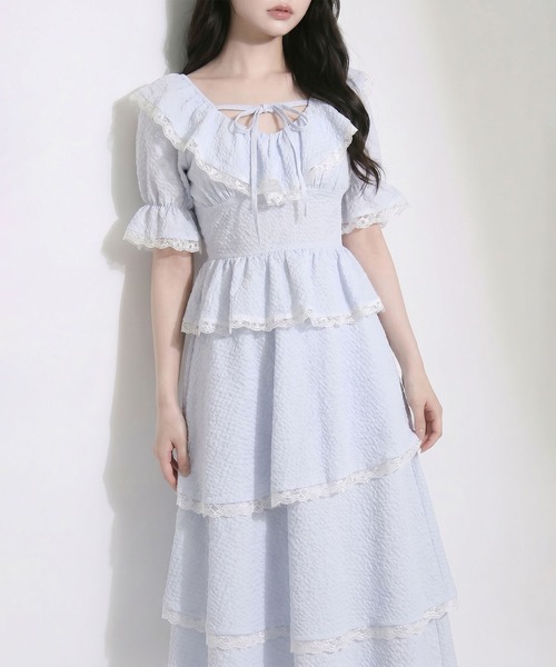 DearMyLoveRose（ディアマイラブローズ）の「ティアードシアーチェックロングスカート【大きいサイズあり】【セットアップ対応】（スカート・レディース・ブルー/ホワイト・LL～3L/L～LL/M-L）」の11枚目の写真
