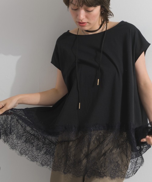 enhaut(アンオート)の「天竺編み Aライン ヘムワイド レース トップス Tシャツ レイヤード(Tシャツ/カットソー・レディース・ホワイト/ブラック・FREE)」の2枚目の写真