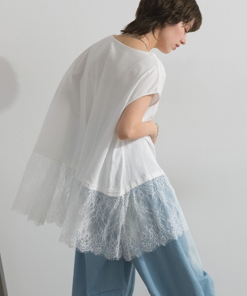 enhaut(アンオート)の「天竺編み Aライン ヘムワイド レース トップス Tシャツ レイヤード(Tシャツ/カットソー・レディース・ホワイト/ブラック・FREE)」の6枚目の写真