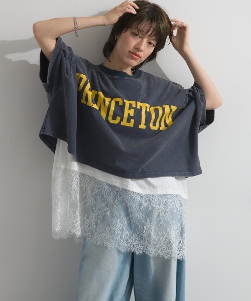 enhaut(アンオート)の「天竺編み Aライン ヘムワイド レース トップス Tシャツ レイヤード(Tシャツ/カットソー・レディース・ホワイト/ブラック・FREE)」の9枚目の写真