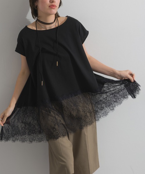 enhaut(アンオート)の「天竺編み Aライン ヘムワイド レース トップス Tシャツ レイヤード(Tシャツ/カットソー・レディース・ホワイト/ブラック・FREE)」の10枚目の写真