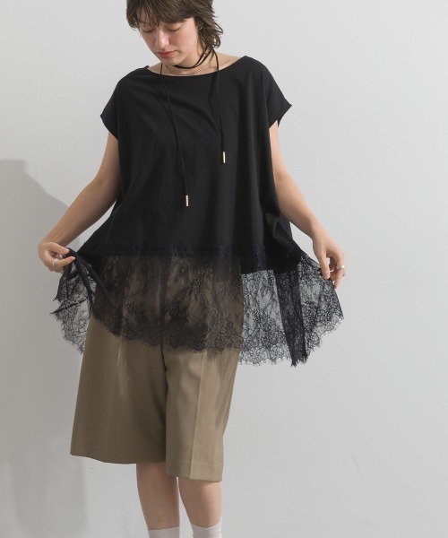 enhaut(アンオート)の「天竺編み Aライン ヘムワイド レース トップス Tシャツ レイヤード(Tシャツ/カットソー・レディース・ホワイト/ブラック・FREE)」の11枚目の写真