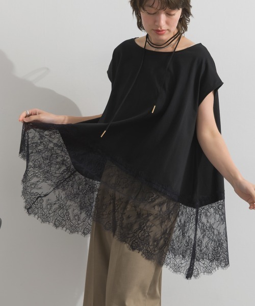 enhaut(アンオート)の「天竺編み Aライン ヘムワイド レース トップス Tシャツ レイヤード(Tシャツ/カットソー・レディース・ホワイト/ブラック・FREE)」の14枚目の写真