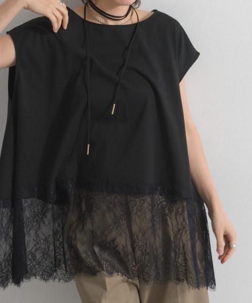 enhaut(アンオート)の「天竺編み Aライン ヘムワイド レース トップス Tシャツ レイヤード(Tシャツ/カットソー・レディース・ホワイト/ブラック・FREE)」の17枚目の写真