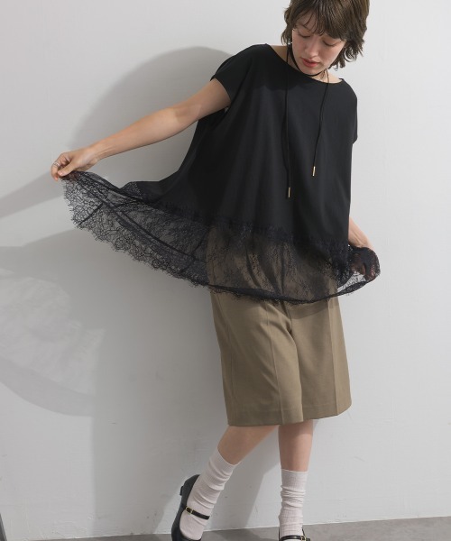 enhaut(アンオート)の「天竺編み Aライン ヘムワイド レース トップス Tシャツ レイヤード(Tシャツ/カットソー・レディース・ホワイト/ブラック・FREE)」の18枚目の写真