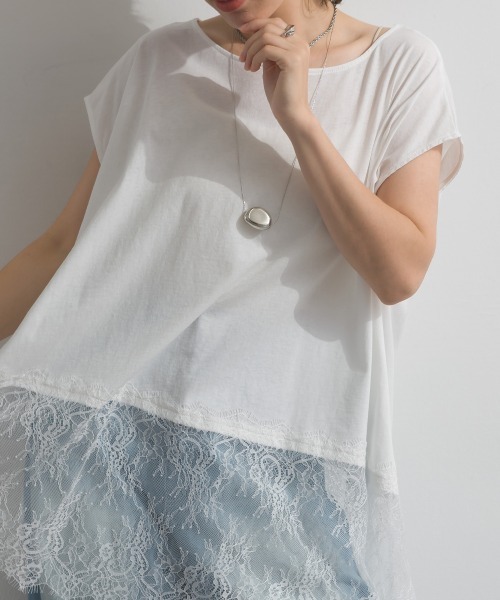 enhaut(アンオート)の「天竺編み Aライン ヘムワイド レース トップス Tシャツ レイヤード(Tシャツ/カットソー・レディース・ホワイト/ブラック・FREE)」の19枚目の写真