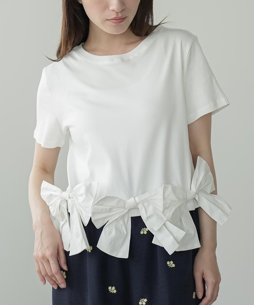 mili an deni(ミリアンデニ)の「裾リボンヘムTシャツ(Tシャツ/カットソー・レディース・ブラック/オフホワイト・M)」の1枚目の写真