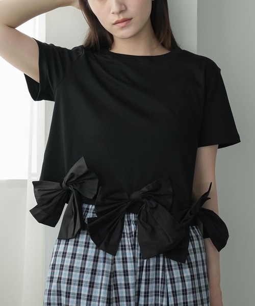 mili an deni(ミリアンデニ)の「裾リボンヘムTシャツ(Tシャツ/カットソー・レディース・ブラック/オフホワイト・M)」の2枚目の写真