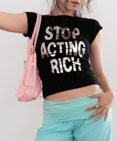 Y2K SYNAPSE FACTORY（ワイツーケー シナプスファクトリー）の「【STOP】シルバー箔プリントTシャツ（Tシャツ/カットソー・レディース・ピンク/グリーン/ブラック・FREE）」の8枚目の写真