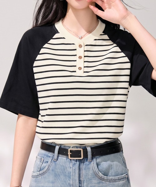 LUCPY(ラクピー)の「ボーダーヘンリーネックラグラントップス(その他トップス・レディース・ブルー・X-LARGE/LARGE/MEDIUM/SMALL)」の3枚目の写真