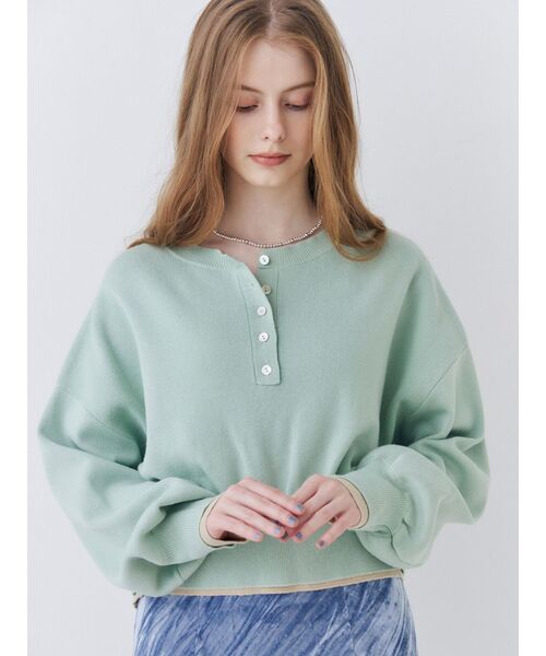 Ungrid(アングリッド)の「ヘンリーネックバイカラーコットン混ニット(ニット/セーター・レディース・イエロー/グリーン/オレンジ/パープル・FREE)」の7枚目の写真
