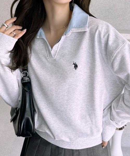 U.S. POLO ASSN.（ユーエスポロアッスン）の「【Ada.別注 U.S. POLO ASSN.】シャツ ドッキング ショート丈 ダブルカラー スウェット（その他トップス・レディース・ネイビー/グレー/オートミール・L/M）」の3枚目の写真
