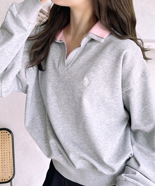 U.S. POLO ASSN.（ユーエスポロアッスン）の「【Ada.別注 U.S. POLO ASSN.】シャツ ドッキング ショート丈 ダブルカラー スウェット（その他トップス・レディース・ネイビー/グレー/オートミール・L/M）」の2枚目の写真