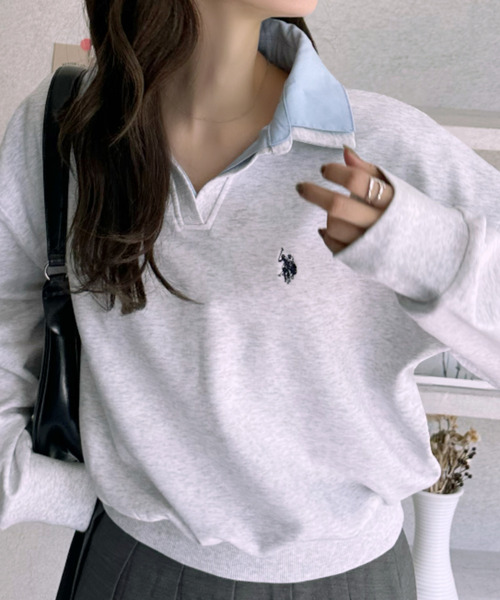 U.S. POLO ASSN.（ユーエスポロアッスン）の「【Ada.別注 U.S. POLO ASSN.】シャツ ドッキング ショート丈 ダブルカラー スウェット（その他トップス・レディース・ネイビー/グレー/オートミール・L/M）」の12枚目の写真