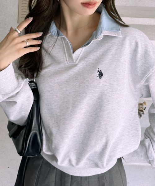 U.S. POLO ASSN.（ユーエスポロアッスン）の「【Ada.別注 U.S. POLO ASSN.】シャツ ドッキング ショート丈 ダブルカラー スウェット（その他トップス・レディース・ネイビー/グレー/オートミール・L/M）」の11枚目の写真