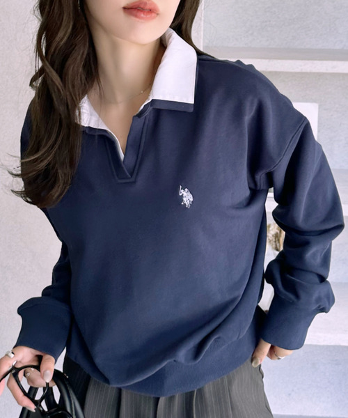 U.S. POLO ASSN.（ユーエスポロアッスン）の「【Ada.別注 U.S. POLO ASSN.】シャツ ドッキング ショート丈 ダブルカラー スウェット（その他トップス・レディース・ネイビー/グレー/オートミール・L/M）」の4枚目の写真