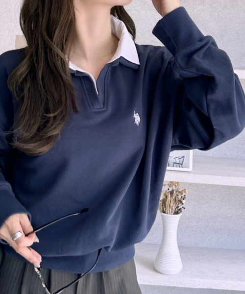 U.S. POLO ASSN.（ユーエスポロアッスン）の「【Ada.別注 U.S. POLO ASSN.】シャツ ドッキング ショート丈 ダブルカラー スウェット（その他トップス・レディース・ネイビー/グレー/オートミール・L/M）」の5枚目の写真
