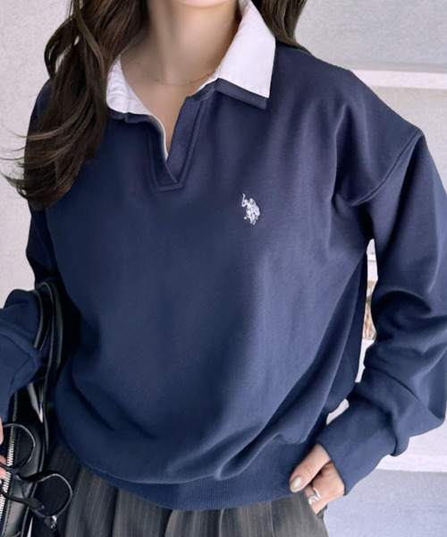 U.S. POLO ASSN.（ユーエスポロアッスン）の「【Ada.別注 U.S. POLO ASSN.】シャツ ドッキング ショート丈 ダブルカラー スウェット（その他トップス・レディース・ネイビー/グレー/オートミール・L/M）」の9枚目の写真