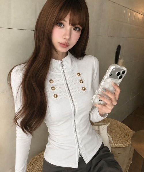Achic(アシック)の「【今季大注目!】ナポレオン風Wジップトップス(Tシャツ/カットソー・レディース・グリーン/ホワイト/ブラック/チャコールグレー・M)」の10枚目の写真