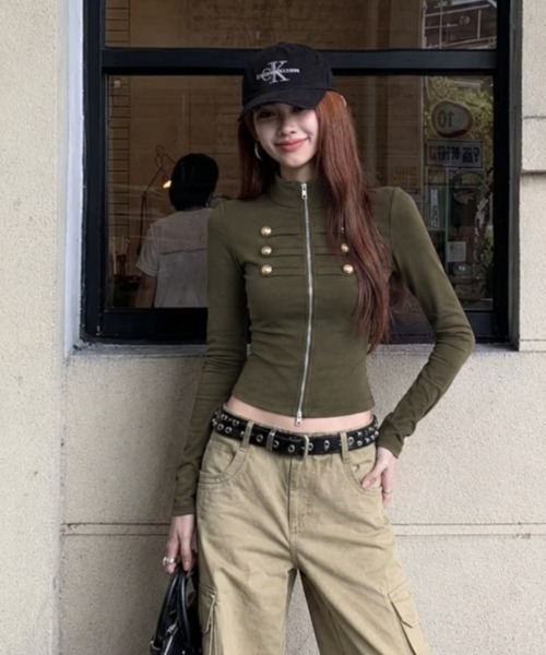 Achic(アシック)の「【今季大注目!】ナポレオン風Wジップトップス(Tシャツ/カットソー・レディース・グリーン/ホワイト/ブラック/チャコールグレー・M)」の5枚目の写真