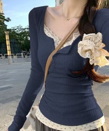 【WEB限定】レイヤード風小花柄カットソートップス