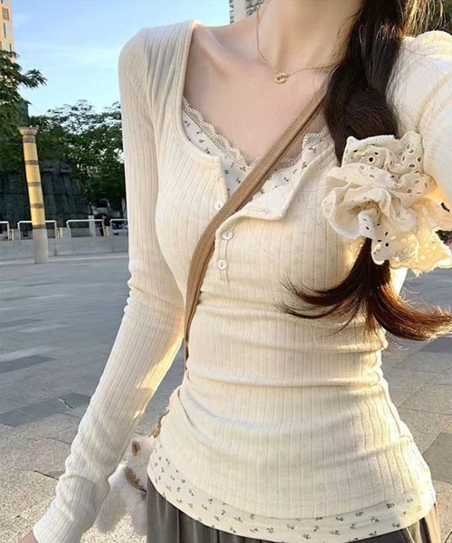 STAY MOTION(ステイモーション)の「【WEB限定】レイヤード風小花柄カットソートップス(Tシャツ/カットソー・レディース・ピンク/アイボリー/ネイビー・F)」の9枚目の写真