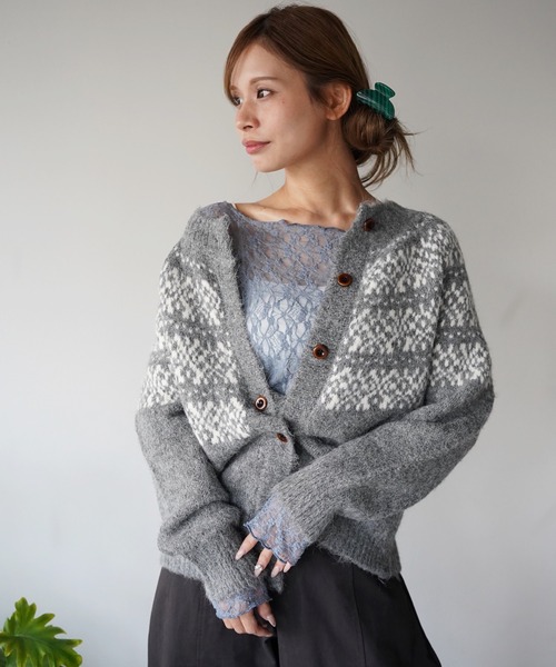 SANSeLF(サンセルフ)の「【SANSeLF】ノルディックニットカーディガン saw26a043(カーディガン/ボレロ・レディース・オフホワイト/グレー・FREE)」の1枚目の写真