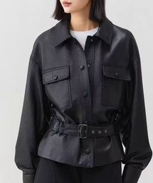 ベルト付きフェイクレザーシャツジャケット