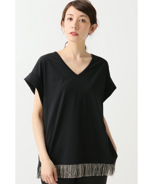 FIGARO Paris（フィガロパリ）の「SONIA DE NISCO フリンジVネック Tシャツ◆（Tシャツ/カットソー・レディース・ブラック/ホワイト・38/40）」の2枚目の写真