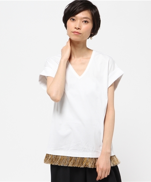 FIGARO Paris（フィガロパリ）の「SONIA DE NISCO フリンジVネック Tシャツ◆（Tシャツ/カットソー・レディース・ブラック/ホワイト・38/40）」の15枚目の写真