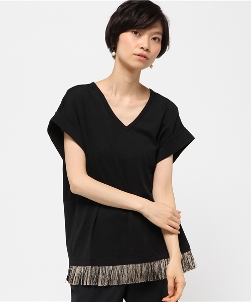 FIGARO Paris（フィガロパリ）の「SONIA DE NISCO フリンジVネック Tシャツ◆（Tシャツ/カットソー・レディース・ブラック/ホワイト・38/40）」の8枚目の写真