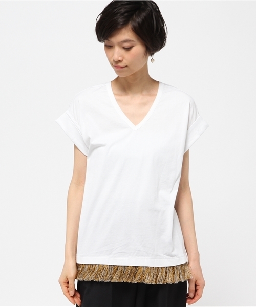 FIGARO Paris（フィガロパリ）の「SONIA DE NISCO フリンジVネック Tシャツ◆（Tシャツ/カットソー・レディース・ブラック/ホワイト・38/40）」の3枚目の写真