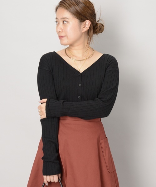 Omekashi（オメカシ）の「ＶネックRIBニットカーディガン（カーディガン/ボレロ・レディース・ブラウン/オフホワイト/グレー/ブルー/ブラック・ﾌﾘ-）」の3枚目の写真