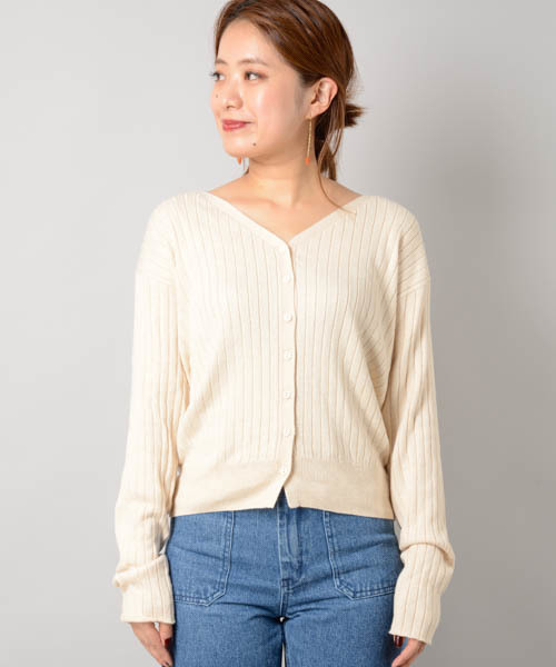 Omekashi（オメカシ）の「ＶネックRIBニットカーディガン（カーディガン/ボレロ・レディース・ブラウン/オフホワイト/グレー/ブルー/ブラック・ﾌﾘ-）」の8枚目の写真