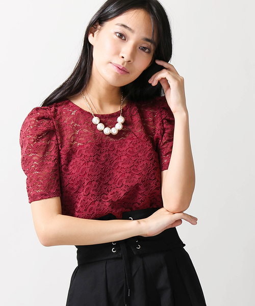 WEGO（ウィゴー）の「WEGO/パフスリーブレースカットソー（Tシャツ/カットソー・レディース・オフホワイト/ブラック/カーキ/ワイン・FREE）」の4枚目の写真