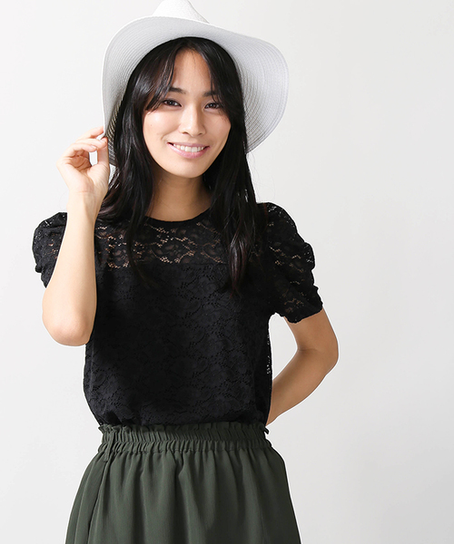 WEGO（ウィゴー）の「WEGO/パフスリーブレースカットソー（Tシャツ/カットソー・レディース・オフホワイト/ブラック/カーキ/ワイン・FREE）」の3枚目の写真