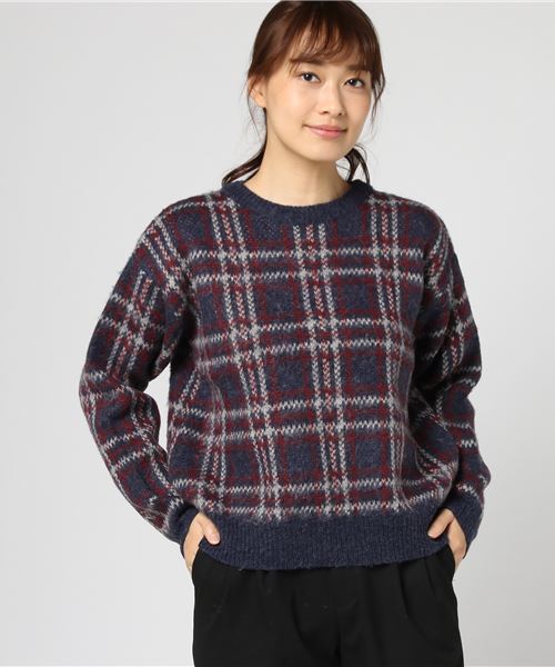 Samansa Mos2（サマンサ モスモス）の「チェックジャガードニットプルオーバー（ニット/セーター・レディース・ベージュ/ネイビー/カーキ・ﾌﾘ-）」の3枚目の写真